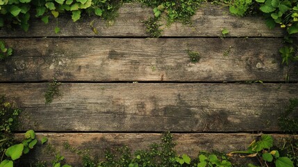 This image showcases a rustic wooden plank surface, beautifully complemented by lush green plants and moss, creating a serene natural setting.