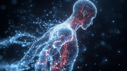 Abstract human figure formed from glowing particles on dark background