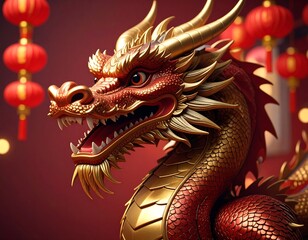 Dragon head close-up, festive backdrop