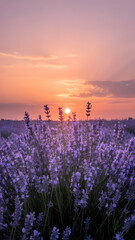 Fototapeta premium Lavender Field at Sunset with Vibrant Colors and Soft Light