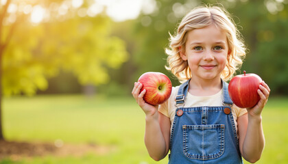 Young girl holding two red apples in a sunny park during summer  