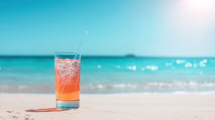 summer concept. Refreshing drink on the beach with ocean waves in the background.