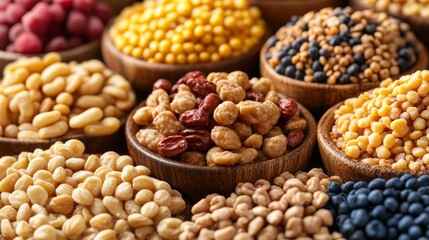 Assortment of legumes and nuts in wooden bowls