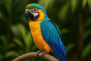 Fototapeta premium Tropical Bird Perched on a Branch: Displaying Vibrant Feathers in Blue, Yellow, and Green for Artistic Realism