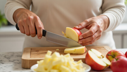 Woman slicing red apples on a cutting board in a modern kitchen  