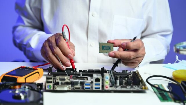 Closeup of gloved hands testing a CPU chip using multimeter. Ideal for tech repair, electronics diagnostics, circuit inspection