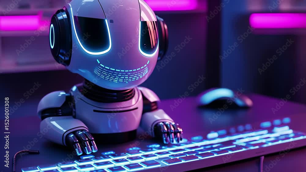 Poster advanced artificial intelligence chatbot interacts at a futuristic workspace with glowing keyboard, 