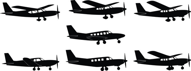 Set of small airplane silhouettes, propeller aircraft vector illustration, aviation design, light aircraft models © Creative Asif