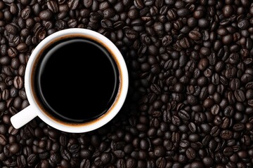Fototapeta premium Coffee cup on roasted beans background, Black coffee flat lay, Perfect for branding or coffee product visuals