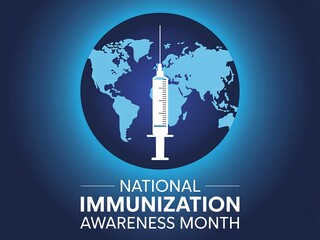 A syringe superimposed on a world map for national immunization awareness month graphic