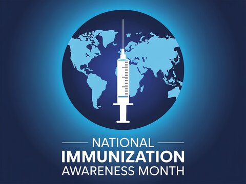 A syringe superimposed on a world map for national immunization awareness month graphic
