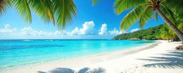 Turquoise water laps white sand beach, palm trees sway in gentle breeze , bright, sea, relaxation