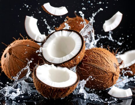 Fresh coconuts in water splash