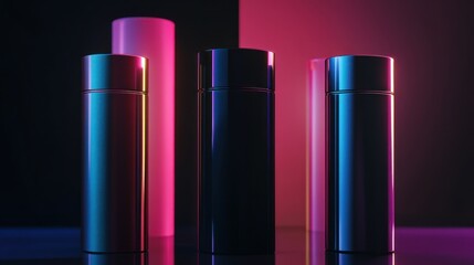 Stylish metal containers under vibrant neon lights