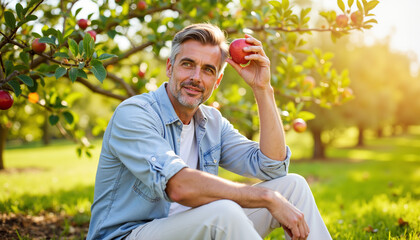 Mature man sitting in orchard holding apple during sunny day  