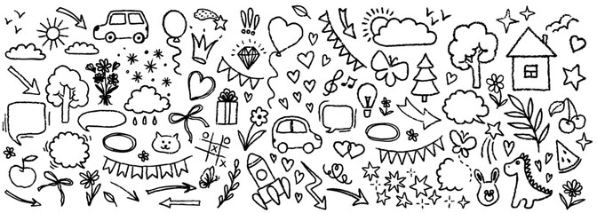 Hand drawn doodle design elements, black on white background. Swishes, swoops, emphasis, Arrow, crown, brush stroke. doodle sketch design elements