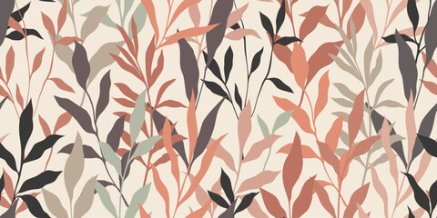 Abstract art vintage colors tropical line art leaves seamles background vector. Wallpaper design with leaves shapes and scribble doodle linear leaf. vintage botanical floral seamless pattern