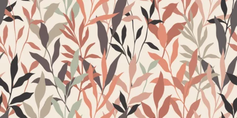 Fototapete Der Raum Muster  Abstract art vintage colors tropical line art leaves seamles background vector. Wallpaper design with leaves shapes and scribble doodle linear leaf. vintage botanical floral seamless pattern  © Hulinska Yevheniia