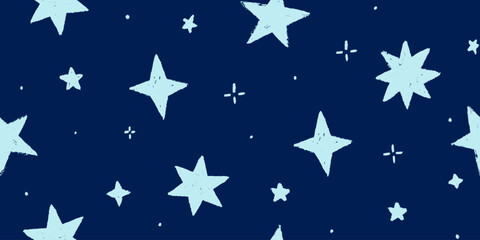 Vector kids pattern with doodle textured stars. Vector seamless background, blue and orange markers and brush stroke sketch pattern