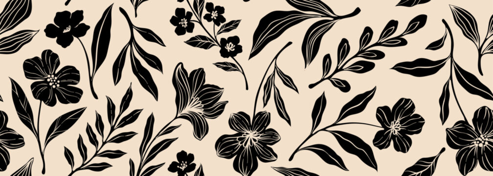 Leaves branch and Hand Drawn doodle Scribble floral plants banner. seamless pattern. Creative minimalist Abstract art background. Design wall decoration, postcard, poster or brochure