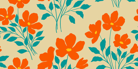 Leaves branch and Hand Drawn doodle Scribble floral plants banner. seamless pattern. Creative minimalist Abstract art background. Design wall decoration, postcard, poster and brochure
