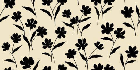 Leaves branch and Hand Drawn doodle Scribble floral plants banner. seamless pattern. Creative minimalist Abstract art background. Design wall decoration, postcard, poster or brochure