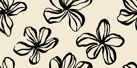 Leaves branch and Hand Drawn doodle Scribble floral plants banner. seamless pattern. Creative minimalist Abstract art background. Design wall decoration, postcard, poster or brochure