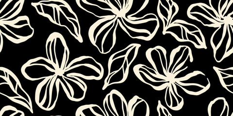 Leaves branch and Hand Drawn doodle Scribble floral plants banner. seamless pattern. Creative minimalist Abstract art background. Design wall decoration, postcard, poster or brochure