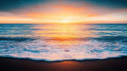 Obraz premium summer concept. Serene ocean sunset with gentle waves and colorful sky reflections.
