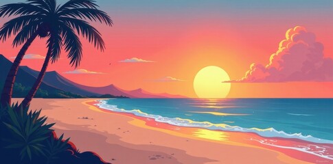 Cartoon sunset beach scene, flat design Split-complementary colors , sunset, horizon