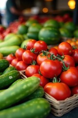 Vibrant red tomatoes, green cucumbers, juicy watermelon at farmer's market stall , delicious, red, farm