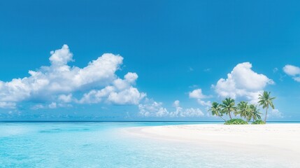 summer concept. Serene tropical beach with clear water and fluffy clouds.
