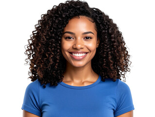  Confident Young Woman with Afro Curls Wearing Blue Shirt, Half-Turn Pose, Transparent Background.