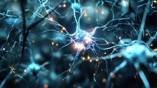 Intricate and glowing depiction of a neuron, highlighting its complex structure and functions.