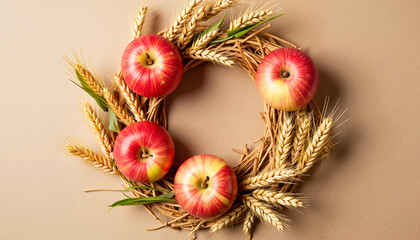 Apple saved, apple and wheat wreath arranged on neutral background  