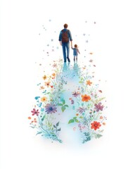 Father and Daughter Walking on a Flower Path