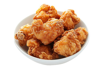 Crispy glazed fried chicken Karaage nuggets isolated on white transparent background. Concept of Asian cuisine and Japan.