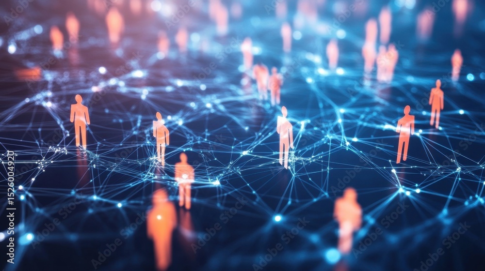 Poster this abstract image showcases a network of interconnected people represented as glowing figures amid