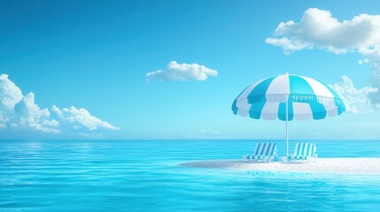 summer concept. Serene beach scene with an umbrella and chairs over tranquil water.