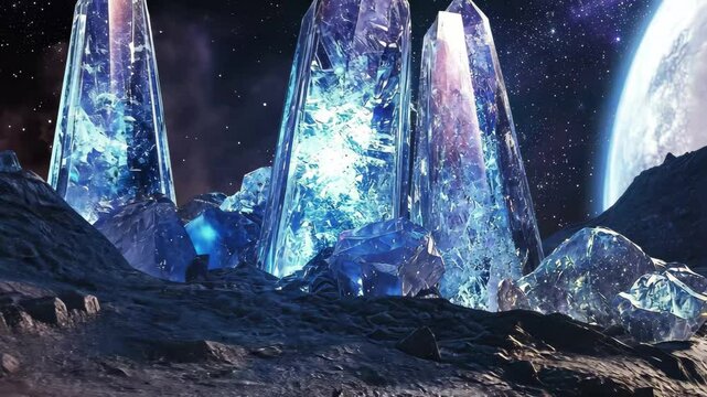 Mineral druse extracted from alien planet showcasing unique formations and cosmic surroundings, Mineral druse on alien planet Space mining concept 3D render
