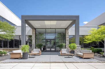 Building entrance with outdoor seating area furniture