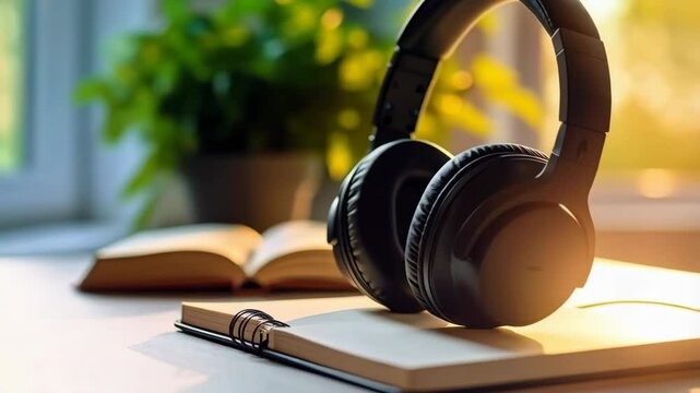 Black wireless headphones sit on open notebook, relaxing at home with pot plant and sunlight streaming through the window with blurred background