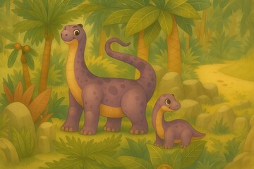 Cartoon dinosaurs in lush jungle landscape surrounded by vibrant plants and trees