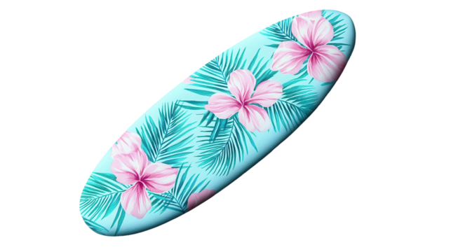 summer concept. Surfboard with floral design in vibrant colors isolated on white background