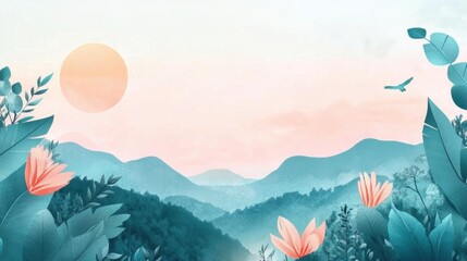 Fototapeta premium A tranquil art piece featuring mountains, a soft sunrise, and floral elements that evoke a sense of calm and natural beauty. Perfect for backgrounds.