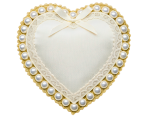 Elegant heart-shaped cushion adorned with pearls and lace trim on a transparent background