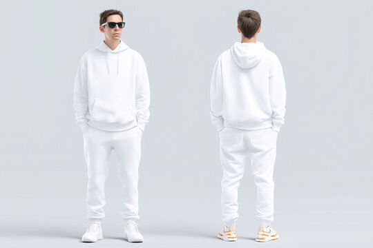  front and back sides model man on the street in sunglasses in white blank Sports suit mockup, flat smooth straightened