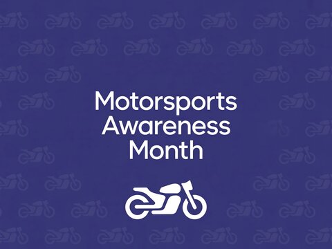 Motorsports awareness month poster with motorcycle graphic on a blue patterned background