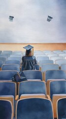 Graduate Woman in Cap and Gown Sitting in Empty Auditorium