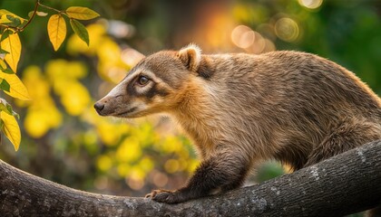 Coati on a Tree Branch Nasua Narica Perched Amidst Lush Tropical Greenery in Vibrant Central American Rainforest, Capturing a Moment of Serene Wildlife Interaction.